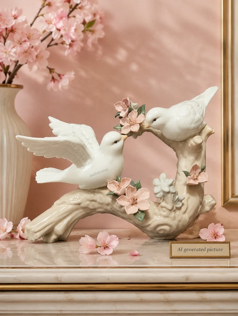 Doves on a Cherry Tree Branch Ceramic Figurine 9x6x4"